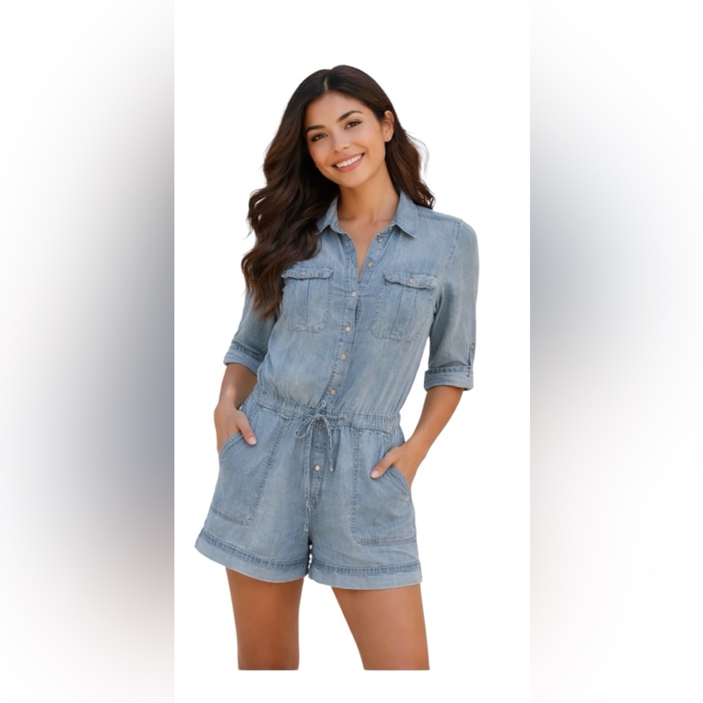 PISTOLA Denim Jumpsuit Casual Size M 3/4-length sleeves pockets  adjustable